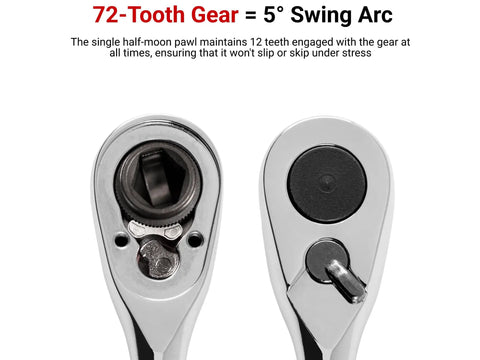 Dual view of 1/4 in drive bit ratchet, 4.5 in handle, 72-tooth gear, low-profile access, high torque, tight spaces, automotive DIY projects.