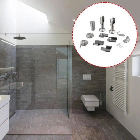 Heavy Duty Restroom Privacy Locks Hinges Kit For Public Partitions With Corner Codes and partition hardware shown