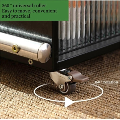 Close-up of wheel on Movable Glass Cabinet Side Table With Wheels, Multi Layer Shelves And Glass Front, 360 Degree Mobility.