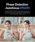 Hella Crisp 4K Webcam With Massive 1.5 Inch Sensor And Killer Low Light Vision Plus Smooth AI Auto Framing Tracking For Zoom TikTok Live Streaming With Direct Wireless Mic Support And Privacy Lock showcasing Phase Detection Autofocus with a woman demonstrating close-up.