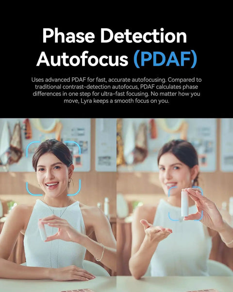 Hella Crisp 4K Webcam With Massive 1.5 Inch Sensor And Killer Low Light Vision Plus Smooth AI Auto Framing Tracking For Zoom TikTok Live Streaming With Direct Wireless Mic Support And Privacy Lock showcasing Phase Detection Autofocus with a woman demonstrating close-up.