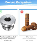 Product comparison showing a Two Pack Half Inch NPT Stainless Steel Inner Hex Plug with Sealing Ring versus rusty steel bolts