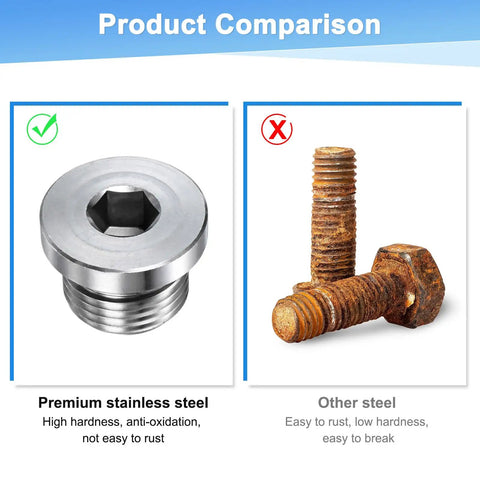 Product comparison showing a Two Pack Half Inch NPT Stainless Steel Inner Hex Plug with Sealing Ring versus rusty steel bolts