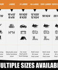 Chart of tarp sizes and uses, including 12x20 ft for car cover, Beefy 12x20 Ft Waterproof Tarp 16 Mil Heavy Duty Poly Tarp With Reinforced Edges.
