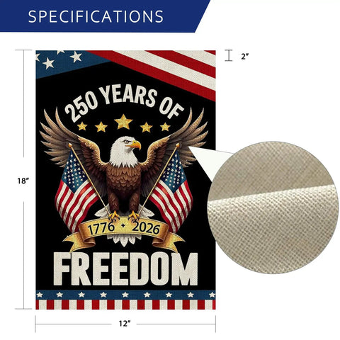 250 Year Anniversary USA Garden Flag For Outdoors With Eagle Design Double Sided 12x18 Inch Patriotic Backyard Flag 1776 2026 Fourth Of July Waterproof Flag showing eagle and flags with dimensions 12x18 inches and burlap texture detail.