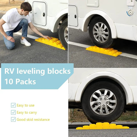 Ten Pack RV Camper Leveling Blocks With Interlocking Design Non Slip Pads Durable Carrying Bag And Levelers For Travel Trailer Use On Gravel Grass And Uneven Surfaces Yellow.