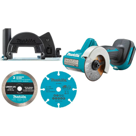 18V LXT Brushless Cordless 3 Inch Cut Off Tool, Tool Only With One Hand Operation, shown with discs and base attachment.
