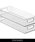 Sleek Extra Long Clear Storage Bins Pack Of 4 Heavy Duty Stackable Plastic Organizers For Deep Pantry Shelves, showing two stacked bins.