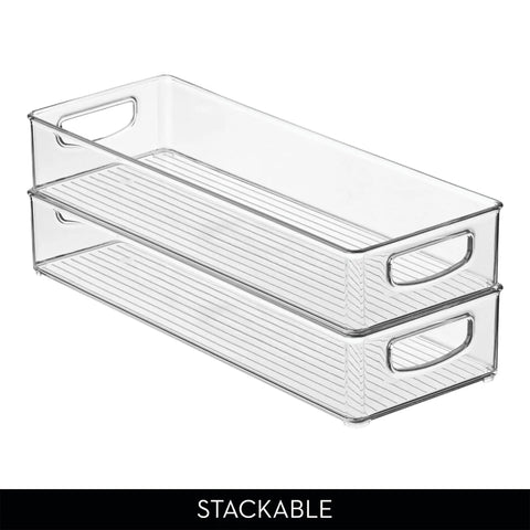 Sleek Extra Long Clear Storage Bins Pack Of 4 Heavy Duty Stackable Plastic Organizers For Deep Pantry Shelves, showing two stacked bins.