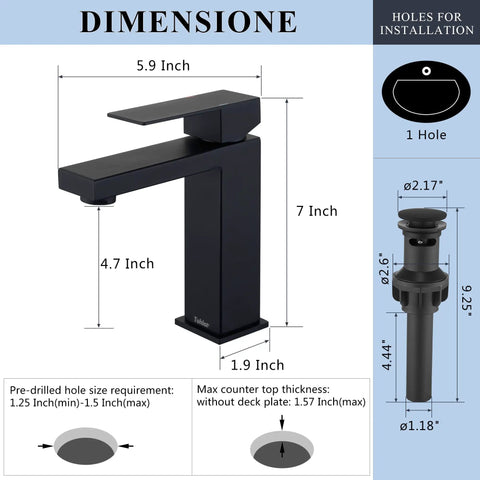 Matte Black Single Hole Bathroom Faucet With Overflow Pop Up Drain Modern Vanity Faucet dimensions illustration