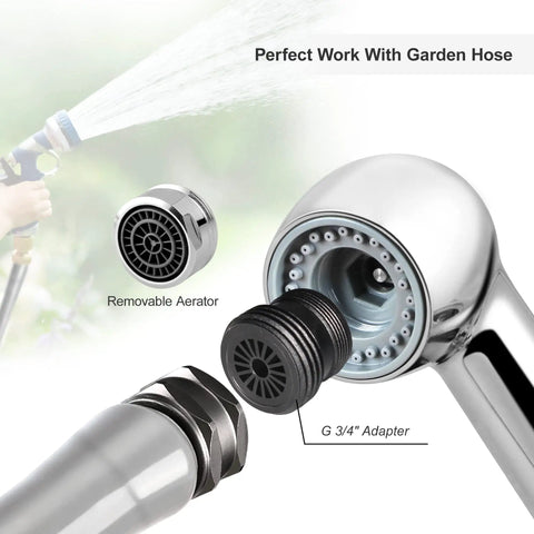 Laundry Room Sink Faucet With Pull Out Sprayer 4 Inch Centerset 3 Hole Install Chrome Finish showing removable aerator