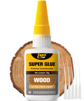 Wood glue bottle with yellow cap; clear instant cyanoacrylate adhesive for wood, 30g, includes five replacement tips