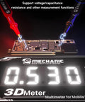 Detective 3.0 3D Meter Multimeter with 3D Triple Display for Mobile Phones and PCBs, measuring voltage and resistance on a circuit board.