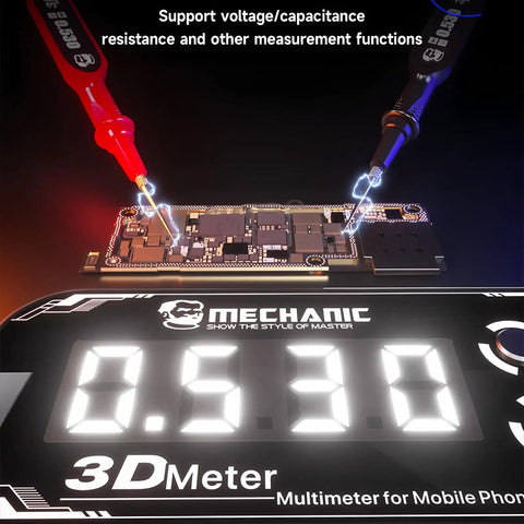 Detective 3.0 3D Meter Multimeter with 3D Triple Display for Mobile Phones and PCBs, measuring voltage and resistance on a circuit board.