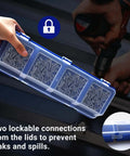 12 Pack Screw Organizer Boxes With Lids, Four-Compartment Dividers, Blue Toolbox Style Storage Case shown held by hand