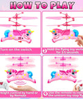 Flying Unicorn RC Helicopter With Hand Control And LED Lights for Girls Ages 6-12 showing setup and control instructions