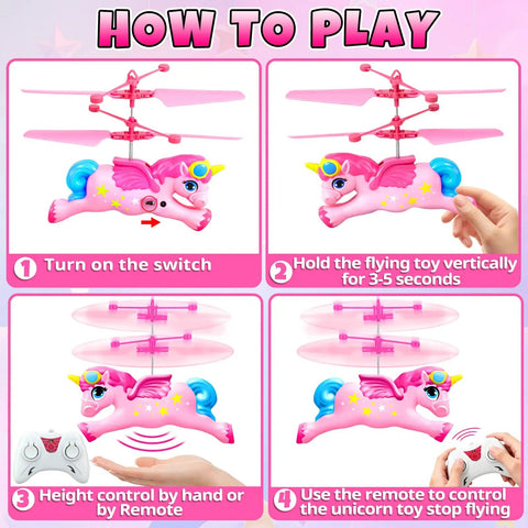 How to play guide for Magical Flying Unicorn Toy For Girls With LED Lights Fairy Flying Ball Helicopter Drone For Indoor Play.