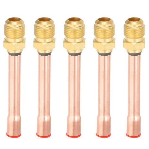 5 Pcs Flare Connector Set For Three Eighths Inch SAE 45 Degree Brass Pipe Fittings, Male Thread Adapters shown vertically