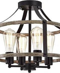 Matte Black Four Light Open Metal Cage Semi Flush Mount With Wood Grain Finish Indoor Ceiling Light Fixture Brown Accents