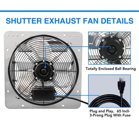 14 Inch Automatic Shutter Exhaust Fan With Power Cord 1950 CFM Aluminum Wall Mount Attic Ventilation fan details