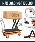 Heavy Duty Hydraulic Lift Table Cart With 1100 Lb Capacity Reliable Pump Smooth Operation Easy To Use For Material Handling Tasks, showing lifting mechanism and box.