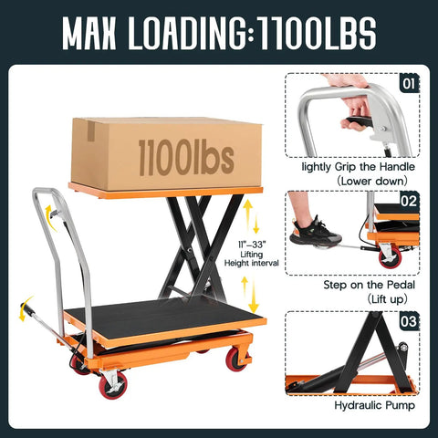 Heavy Duty Hydraulic Lift Table Cart With 1100 Lb Capacity Reliable Pump Smooth Operation Easy To Use For Material Handling Tasks, showing lifting mechanism and box.