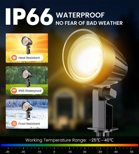 Brighten Outdoor Space With 12W Landscape Lighting 120V Warm White 2700K Garden Spotlights IP66 Waterproof showcasing durability against heat, water, and frost.