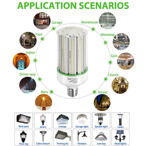 100W LED Corn Cob Light Bulb With E39 Mogul Base, 5000K Daylight, Replaces 400W Metal Halide HPS CFL HID Lamp, Lit Industrial Warehouse Shop Bay Lighting, application scenarios and compatible fixtures