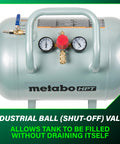 High Capacity 10 Gallon Air Tank With ASME Certification featuring gauges and a shut off valve, angled steel legs visible