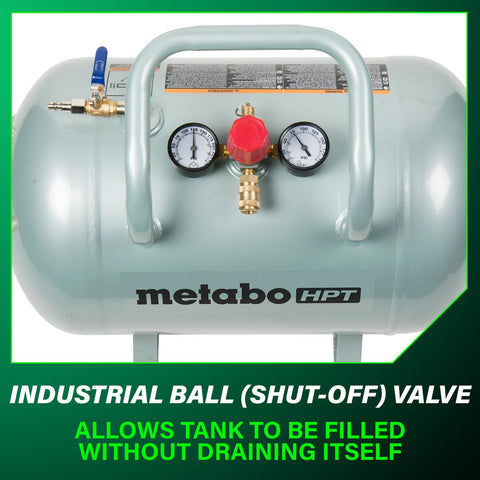 High Capacity 10 Gallon Air Tank With ASME Certification featuring gauges and a shut off valve, angled steel legs visible