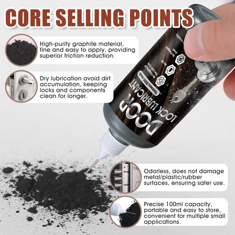 Dry Graphite Lock Lubricant Powder, 100ml bottle shown with nozzle dispensing powder onto surface, used for locks.