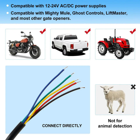 No Sweat Vehicle Sensor For Automatic Gate Opener With Extended Range Driveway Exit Wand showing compatible vehicles and wires for connection.