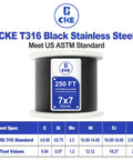 Spool of 250 ft T316 black stainless steel cable with 7x7 strands for cable railing systems, ASTM standard specifications