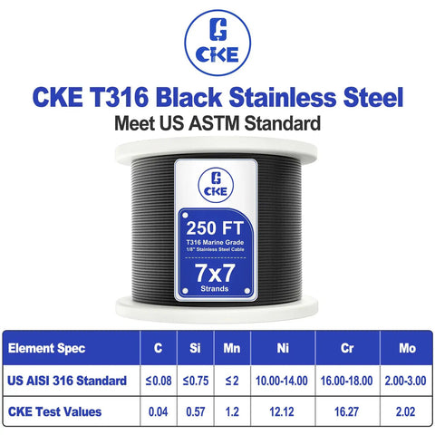 Spool of 250 ft T316 black stainless steel cable with 7x7 strands for cable railing systems, ASTM standard specifications