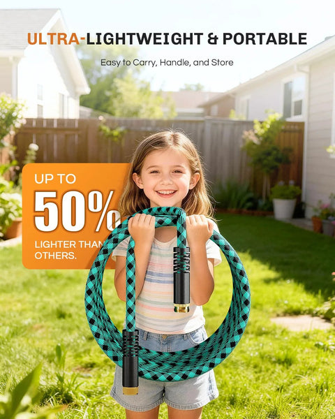 Garden hose, 50 ft WELLUCK turquoise braided hose with black connectors and 10-function spray nozzle