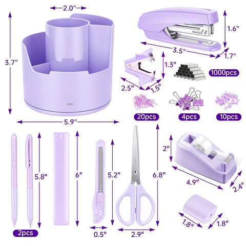 Purple 14 In 1 Desk Organizer Set With 360 Degree Rotary Stand And Phone Holder Must Have Office Kit For Home School And Work Includes Stapler Pencil Holder Tape Dispenser Scissors Sharpener Ruler Eraser Clips Pens