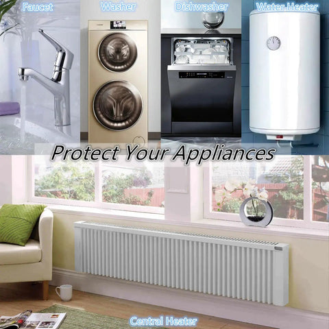 Electronic Water Descaler System No Chemicals No Fuss Install Reduces Limescale Rust And Mineral Build Up In Home Pipes Appliances And Fixtures For Daily Home Use In All Your Plumbing And Water Using Appliances with images of faucet, washer, dishwasher, water heater, and central heater.