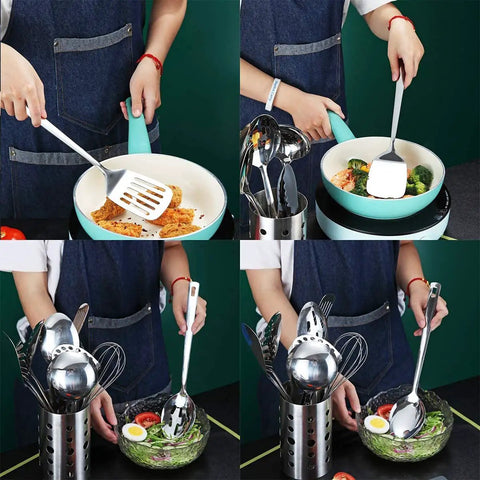 Stainless Steel 13 Piece All In One Kitchen Utensils Set With Holder Nonstick Heat Resistant Dishwasher Safe Easy To Clean