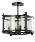 Oil Rubbed Bronze 15 Inch 3 Light Iron And Glass Modern Drum LED Flush Mount Ceiling Light For Hallway Entryway And Kitchen Industrial Farmhouse Style With Included LED Bulbs, side view showing clear glass drum.
