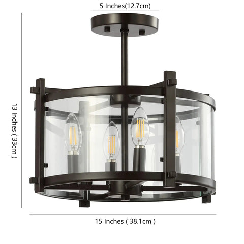 Oil Rubbed Bronze 15 Inch 3 Light Iron And Glass Modern Drum LED Flush Mount Ceiling Light For Hallway Entryway And Kitchen Industrial Farmhouse Style With Included LED Bulbs, side view showing clear glass drum.