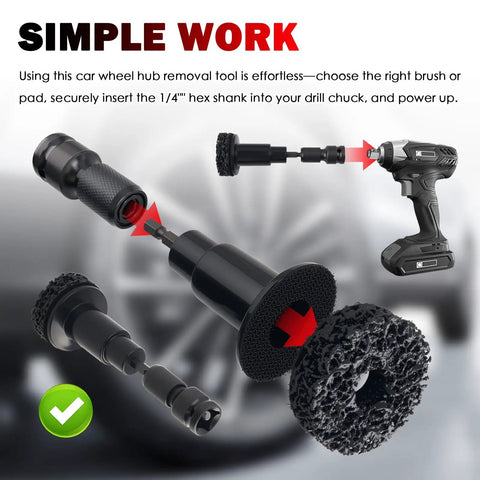 No Sweat All In One Wheel Hub And Brake Rotor Cleaning Kit with hex adapter and brushes, demonstrating simple cleaning tool use.