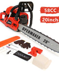 Durable Beast 58CC Gas Chainsaw With 20 Inch Bar Powerhouse 3.8 HP Two Stroke Petrol Saw, accessories, and toolkit displayed