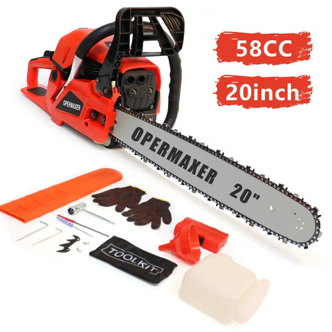 Durable Beast 58CC Gas Chainsaw With 20 Inch Bar Powerhouse 3.8 HP Two Stroke Petrol Saw, accessories, and toolkit displayed