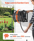 Person using wall mounted garden hose reel holds 200 feet of 5/8 inch hose heavy duty steel outdoor water reel with brass fittings