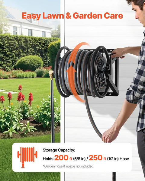 Person using wall mounted garden hose reel holds 200 feet of 5/8 inch hose heavy duty steel outdoor water reel with brass fittings