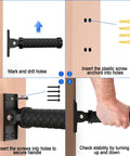 Installation steps for Heavy Duty Folding Grab Bar With Smooth Flip Action For Doorways And Stairs, showing handle, screws, and anchors.