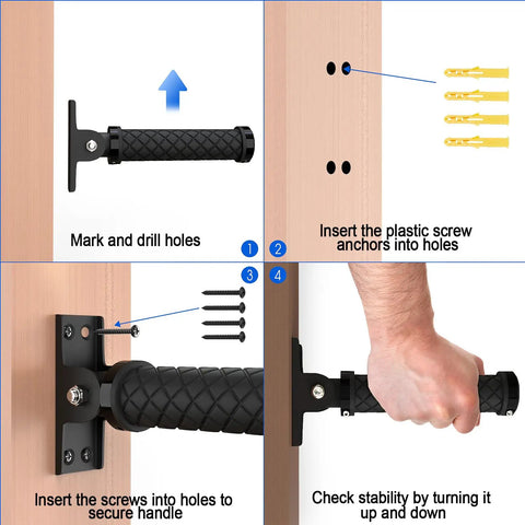 Installation steps for Heavy Duty Folding Grab Bar With Smooth Flip Action For Doorways And Stairs, showing handle, screws, and anchors.