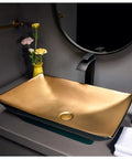 No Fuss Slick Finish Porcelain Vessel Sink For Above Counter Bathroom Vanities Scratch Stain Resistant Ceramic Art Basin Heavy Duty Compact Wash Bowl Lavatory Vanity Makeover with gold surface.