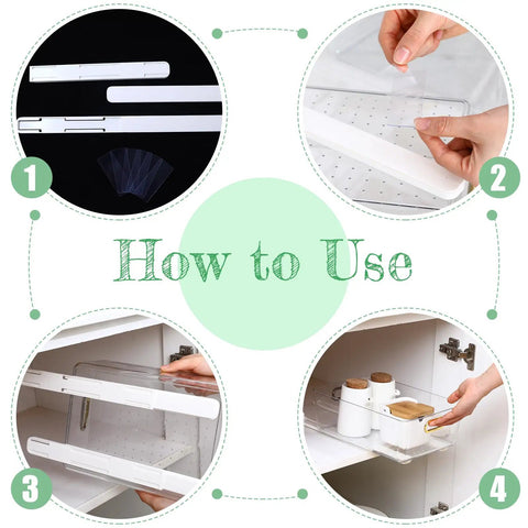 Image showing steps to use No Sweat Self Adhesive Drawer Slides Four Pack for smooth cabinet glides in a drawer.