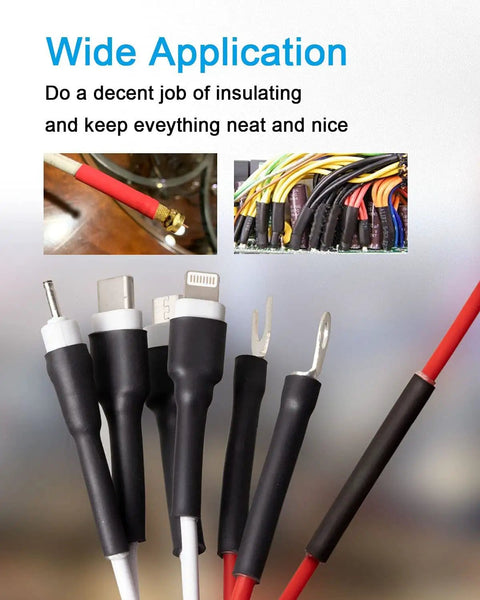 300 Piece Heat Shrink Tubing Kit With 3 To 1 Shrink Ratio, Adhesive Lined Marine Grade Shrink Wrap In Black And Red For Automotive And Industrial Use Now Pro Grade showing black and red tubing protecting various cable connectors.